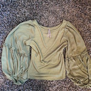 Anthropology Dark Green Balloon SLeeve Top